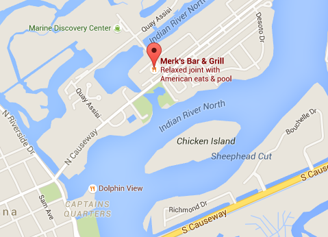 Map showing Merk’s Bar & Grill on North Causeway beside the Indian River in New Smyrna Beach